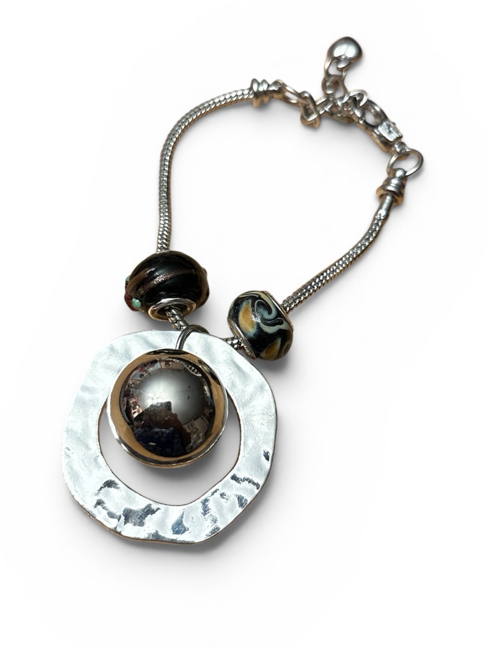 Artisan Made Silver-Tone Hammered Pendant Bracelet with Black Beads